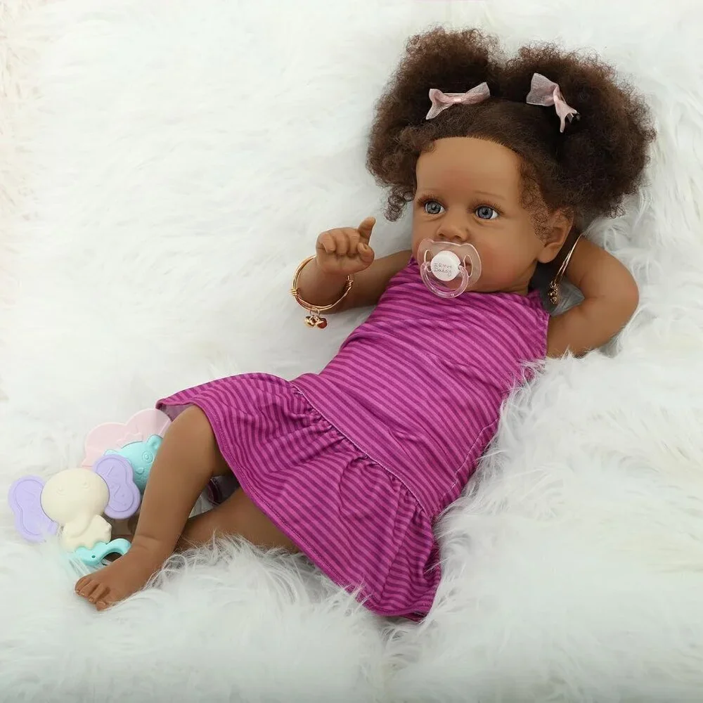 🆕22Inch African Americans Newborn Doll with Soft Cloth Body with Two Afro Puff